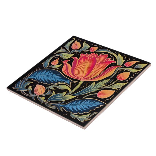 Farbenfrohe Blüte schwarz Fliese (Seite)