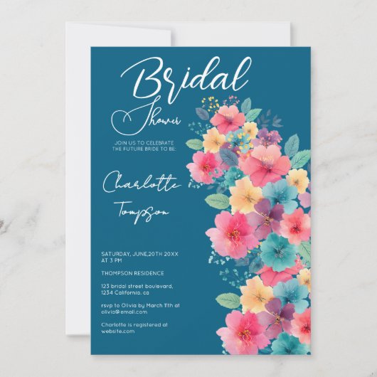 Farbenfrohe Blüten Bridal Bash Einladung (Vorderseite)