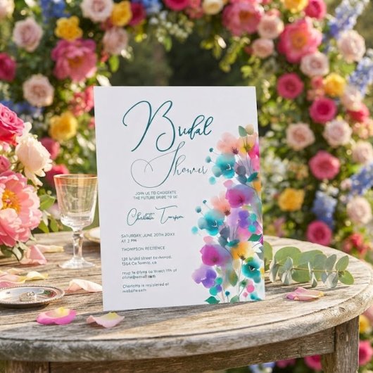 Farbenfrohe Blüten Bridal Bash Einladung