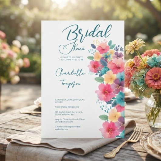 Farbenfrohe Blüten Bridal Bash Einladung