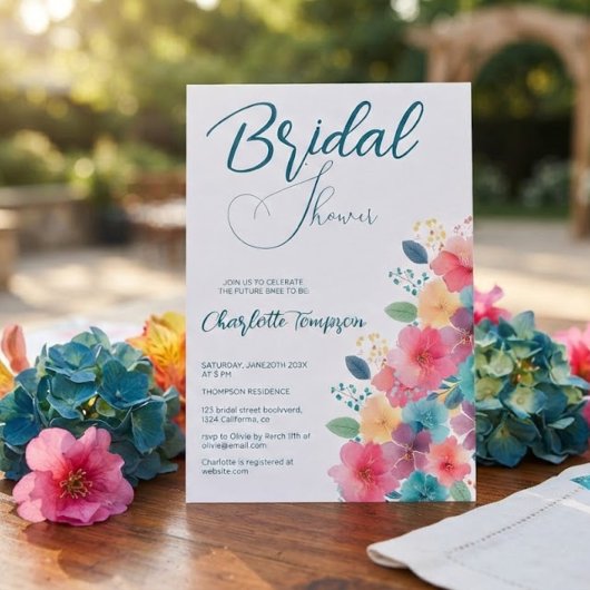 Farbenfrohe Blüten Bridal Bash Einladung