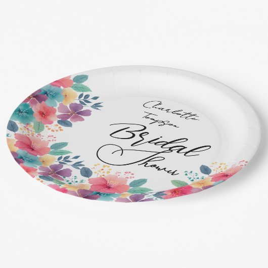 Farbenfrohe Blüten Bridal Bash Pappteller (Schrägansicht)