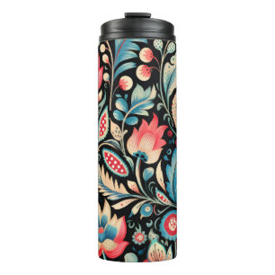Farbenfrohe Blüten und Paisley-Muster auf schwarz Thermosbecher