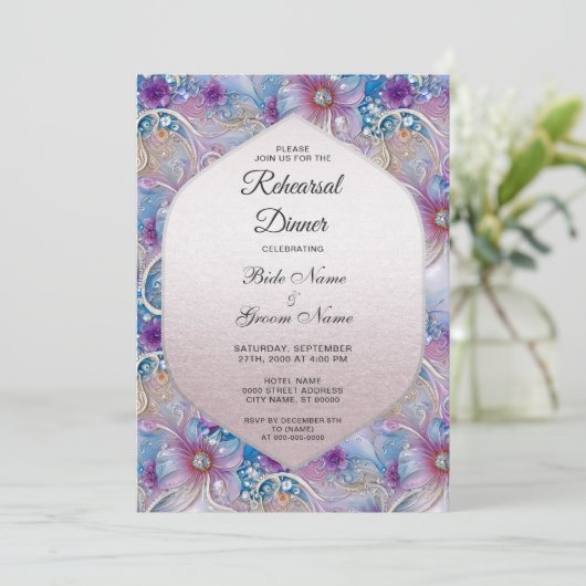 Farbenfrohe Blütenfrüchte Probe Abendessen Einladung (Stehend Vorderseite)