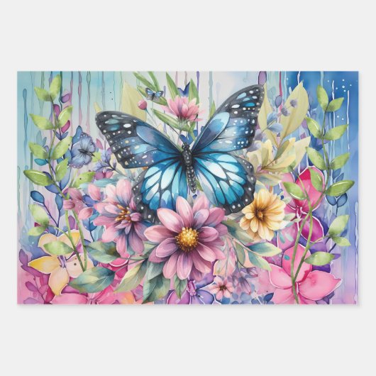 Farbenfrohe Blütenschmetterlinge Geschenkpapier Set (Vorderseite 2)