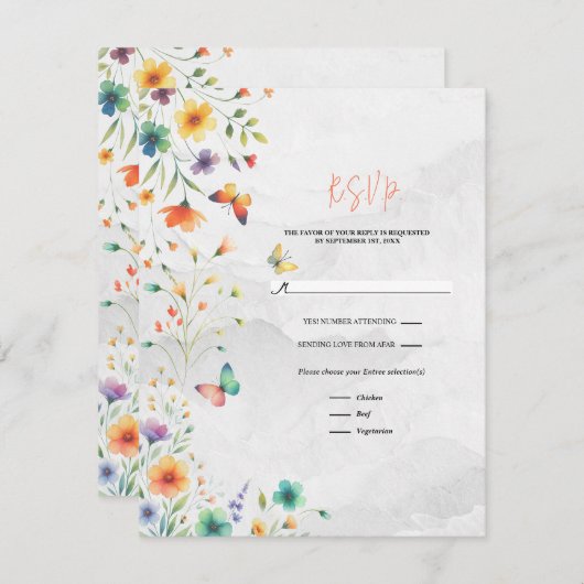 Farbenfrohe Blütenschmetterlingsstimmung RSVP Einladung (Vorne/Hinten)