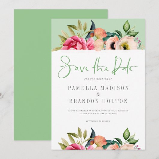 Farbenfrohe boho-Blume Save the Date Typografie Einladung (Vorne/Hinten)