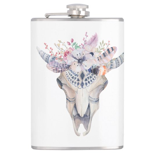 Farbenfrohe Boho-Blume und Skull Flachmann (Vorderseite)