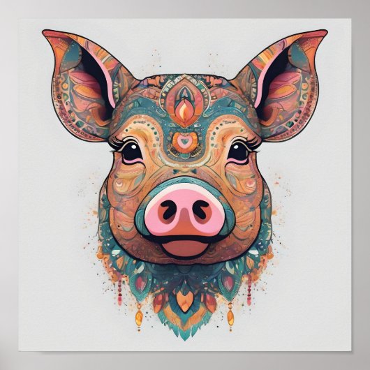 Farbenfrohe Boho Bohemisch Pig Weiße Wand Kunst, K Poster (Vorne)