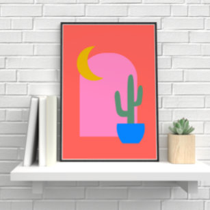 Farbenfrohe Boho Cactus Moon-Formen in Rot und Ros Poster