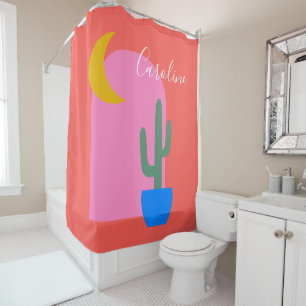 Farbenfrohe Boho Cactus Moon-Formen in roten, benu Duschvorhang