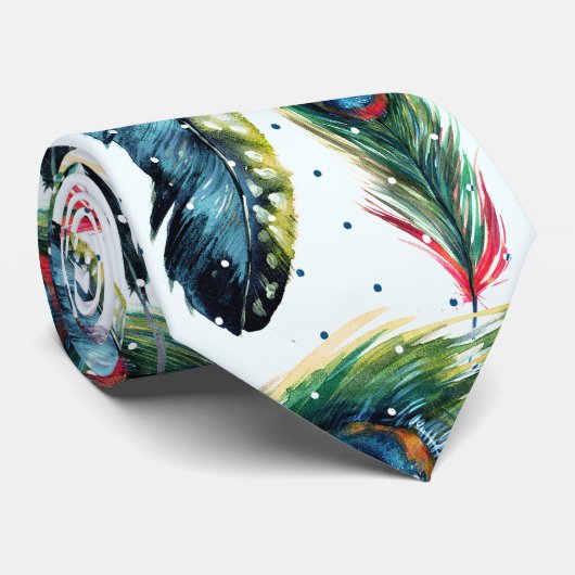 Farbenfrohe Boho Feathers & Polka-Dots Muster Krawatte (Gerollt)