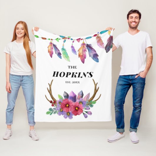 Farbenfrohe Boho Federn und Blume Custom Family Fleecedecke (Beispiel)