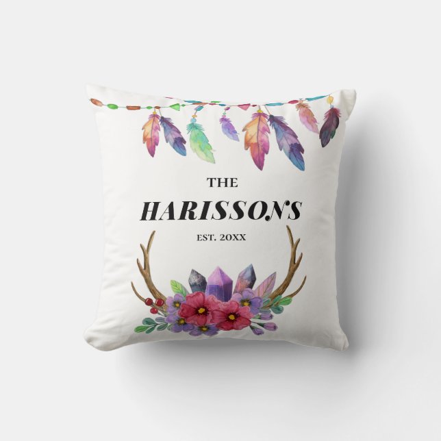 Farbenfrohe Boho Federn und Blume Custom Family Kissen (Vorderseite)