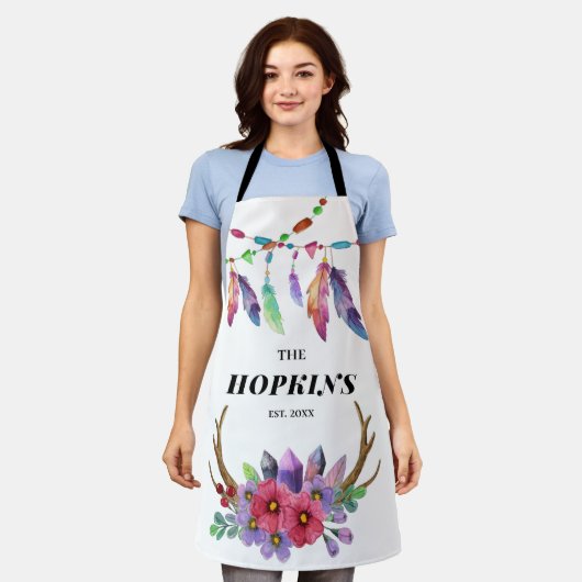 Farbenfrohe Boho Federn und Blume Custom Family Schürze (Getragen)