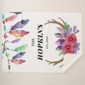 Farbenfrohe Boho Federn und Blume Custom Family Sherpadecke (Vorderseite (Horizontal))