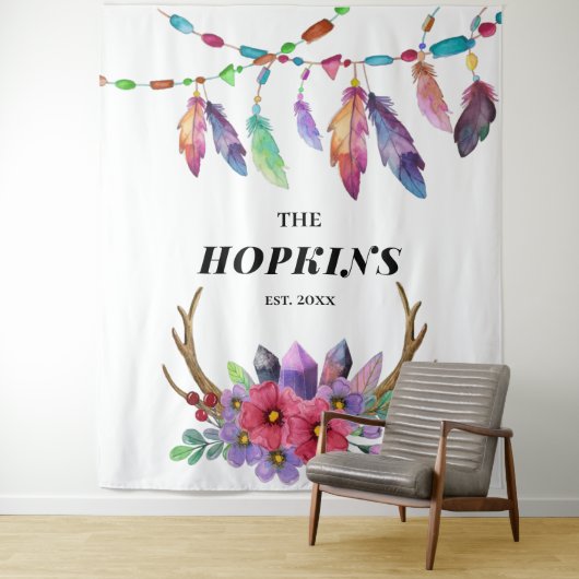 Farbenfrohe Boho Federn und Blume Custom Family Wandteppich (Beispiel)