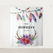 Farbenfrohe Boho Federn und Blume Custom Family Wandteppich (Vorderseite)
