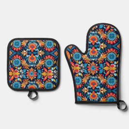 Farbenfrohe Boho Floral Elegante: Vibrant Mandala Ofenhandschuh & Topflappen-Set