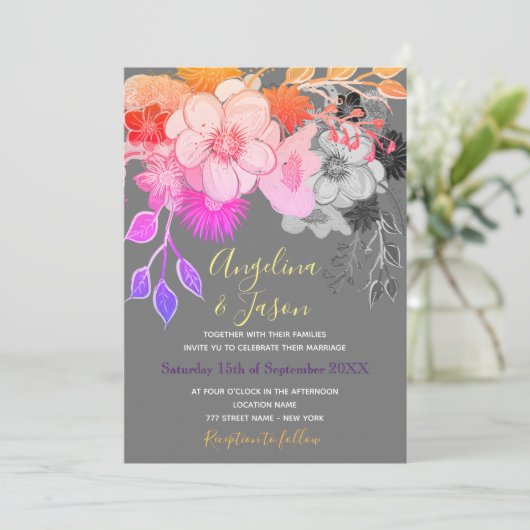 Farbenfrohe Boho Floral Wedding Einladung (Stehend Vorderseite)