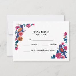 Farbenfrohe Boho-Folk-Vögel und Blumen-Hochzeit RSVP Karte