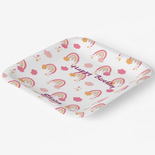 Farbenfrohe Boho Rainbow-Muster Geburtsname Pappteller (Gewinkelt)