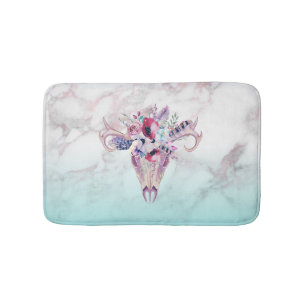 Farbenfrohe Boho Skull & Blume über Marmor Ombre Badematte