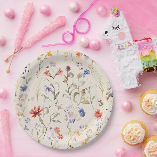 Farbenfrohe Boho Wasserfarbe Wilde Blume Pappteller (Party)