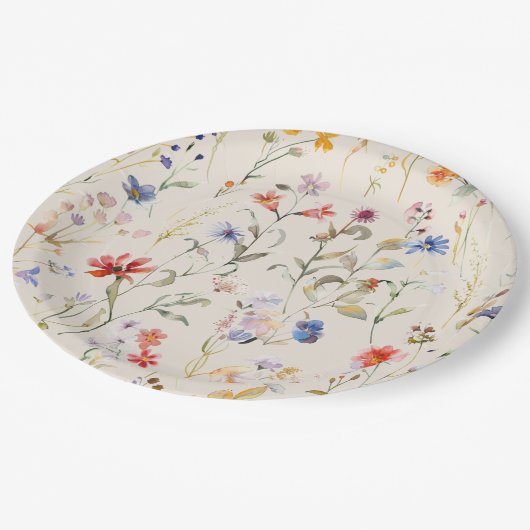 Farbenfrohe Boho Wasserfarbe Wilde Blume Pappteller (Schrägansicht)