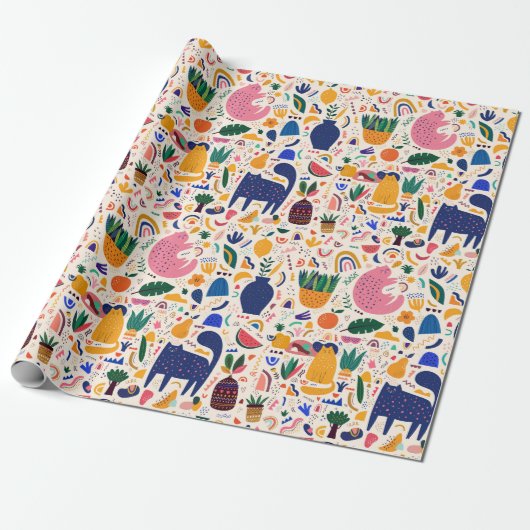 Farbenfrohe Boho Wüste Katzen Pflanze Muster Geschenkpapier (Ungerollt)
