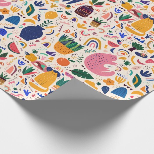 Farbenfrohe Boho Wüste Katzen Pflanze Muster Geschenkpapier (Ecke)