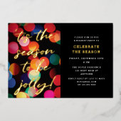 Farbenfrohe Bokeh Gold Moderne Script Holiday Part Folien Feiertagskarte (Vorderseite)