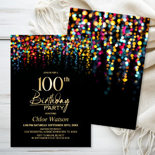 Farbenfrohe Bokeh-Party-Lichter 100. Geburtstagsfe Einladung