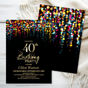 Farbenfrohe Bokeh-Partylichter 40. Geburtstagsfeie Einladung