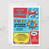 Farbenfrohe Boom Superhero 4. Geburtstagseinladung Einladung (Vorderseite)