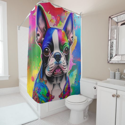 Farbenfrohe Boston Terrier Paint Splashes Duschvorhang (Beispiel)