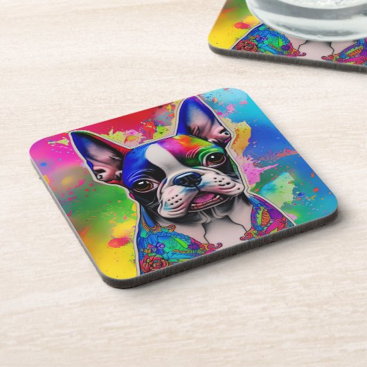 Farbenfrohe Boston Terrier Paint Splashes Getränkeuntersetzer (Linke Seite)