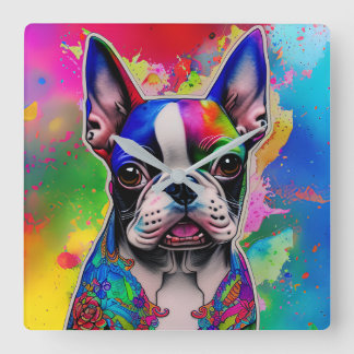 Farbenfrohe Boston Terrier Paint Splashes Quadratische Wanduhr