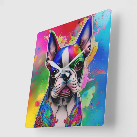 Farbenfrohe Boston Terrier Paint Splashes Quadratische Wanduhr (Winkel)