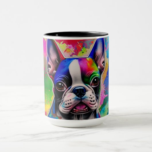 Farbenfrohe Boston Terrier Paint Splashes Tasse (Zentrum)