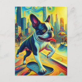 Farbenfrohe Boston Terrier Skateboarding Surreal A Postkarte