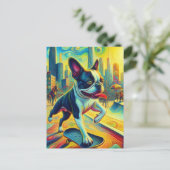Farbenfrohe Boston Terrier Skateboarding Surreal A Postkarte (Stehend Vorderseite)