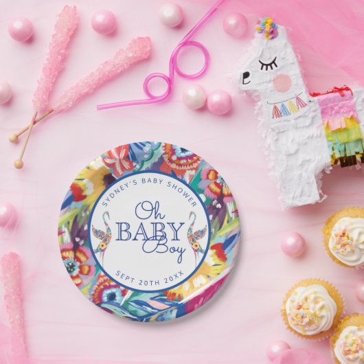 Farbenfrohe Botanische Storch Babydusche Pappteller (Party)