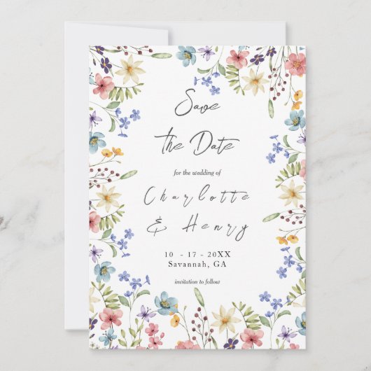 Farbenfrohe botanische Wildblumen Moderne Save The Date (Vorderseite)