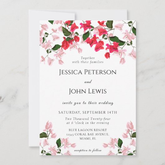 Farbenfrohe Bougainvillea Blume Einladung Hochzeit (Vorderseite)