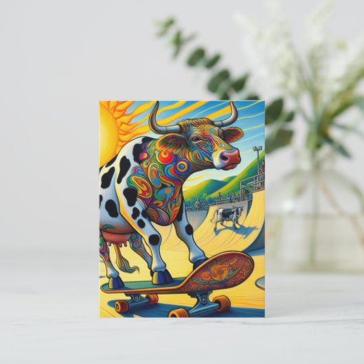 Farbenfrohe Bovine Skateboard Postkarte (Stehend Vorderseite)