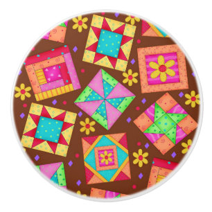 Farbenfrohe braune Quilt Patchwork Block Kunst Keramikknauf