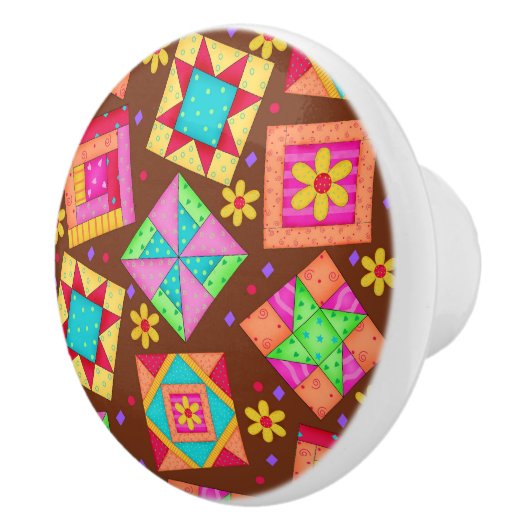 Farbenfrohe braune Quilt Patchwork Block Kunst Keramikknauf (Rechts)
