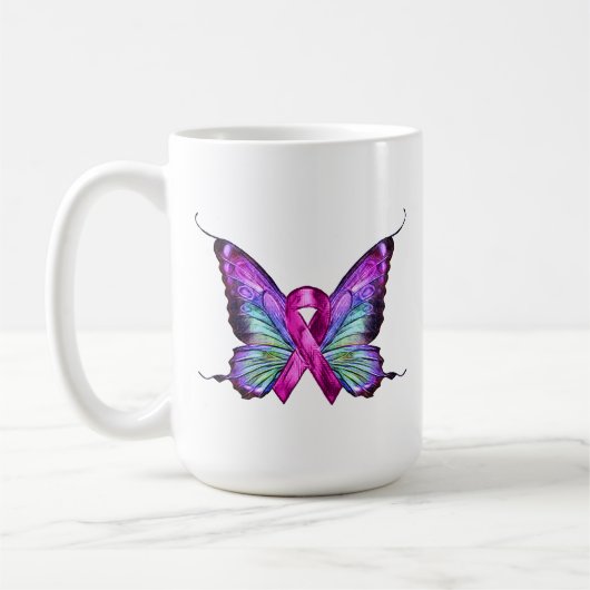 Farbenfrohe Brustkrebserkrankung Schmetterling Kaffeetasse (Links)