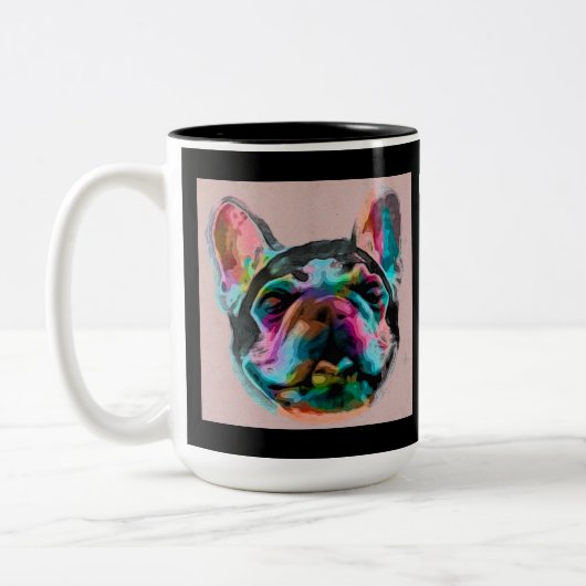 Farbenfrohe Bulldogin Zweifarbige Tasse (Links)